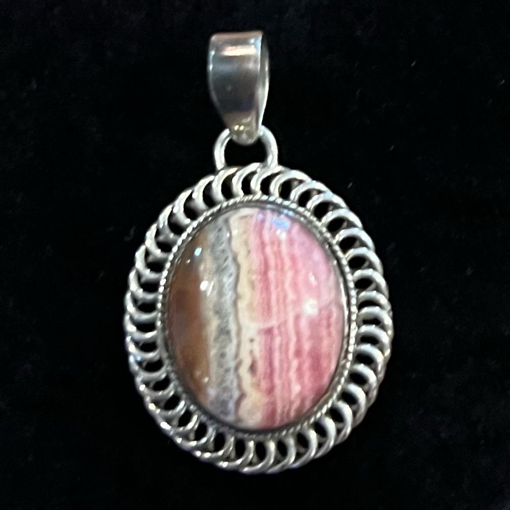 .925 Sterling Silver Pink Rhodocrosite Pendant  1 3/8" L including bale x 3/4" W
